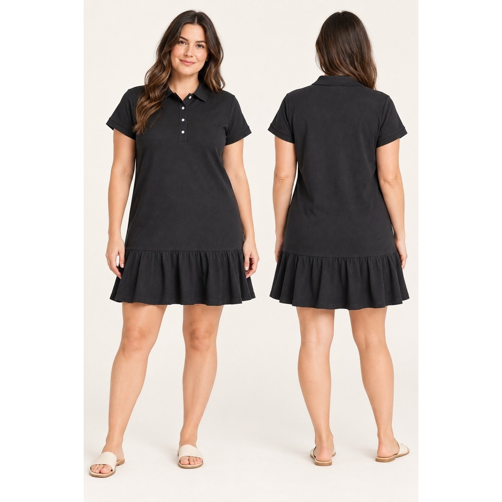 Tuckernuck Dress Womens XL Black Polo Ruffle Hem Short Sleeve Cotton Pique